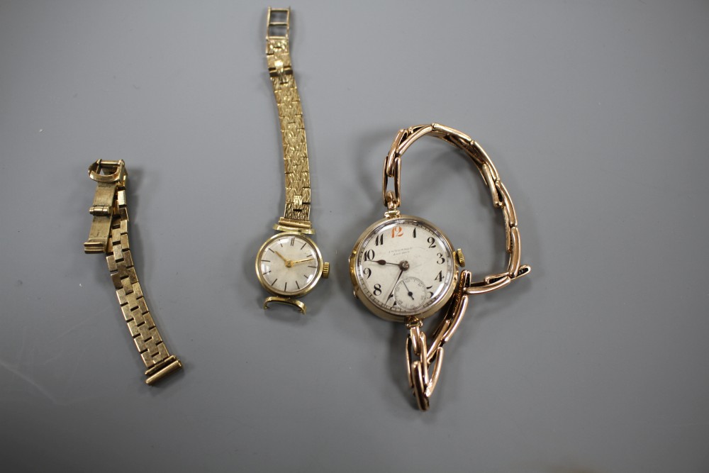 A ladys 1930s? 9ct gold manual wind wrist watch, on yellow metal flexible strap and a 14ct gold watch on damaged strap.